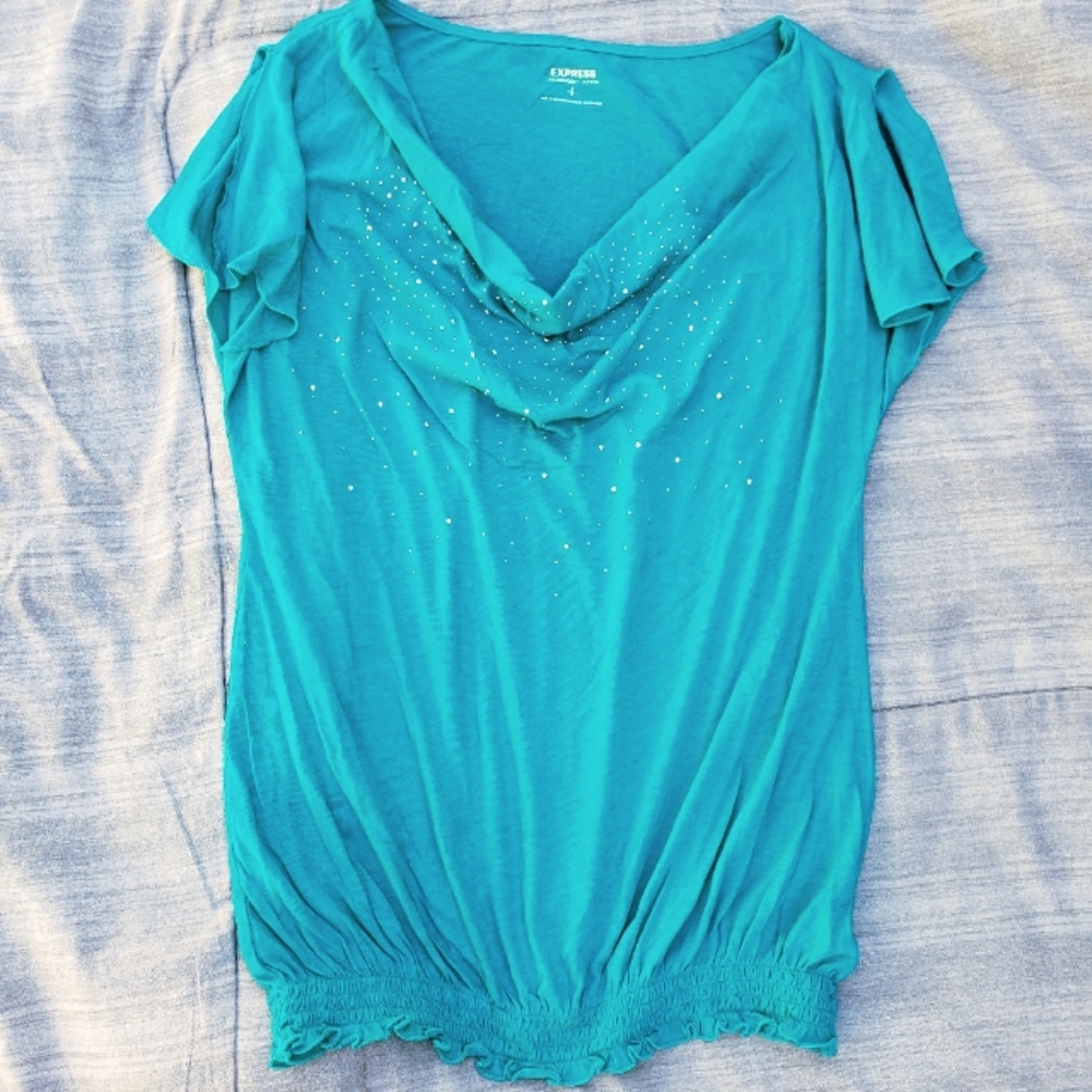 Express draped neck butterfly sleeve top with rhinestones